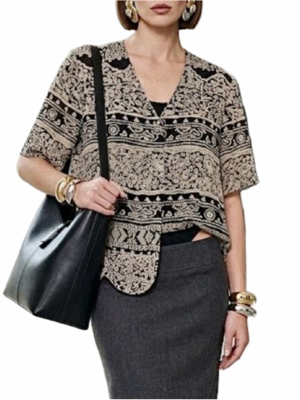 Vintage Un Jour Ailleurs Paris black beige chiffon short sleeve top blouse EU 42